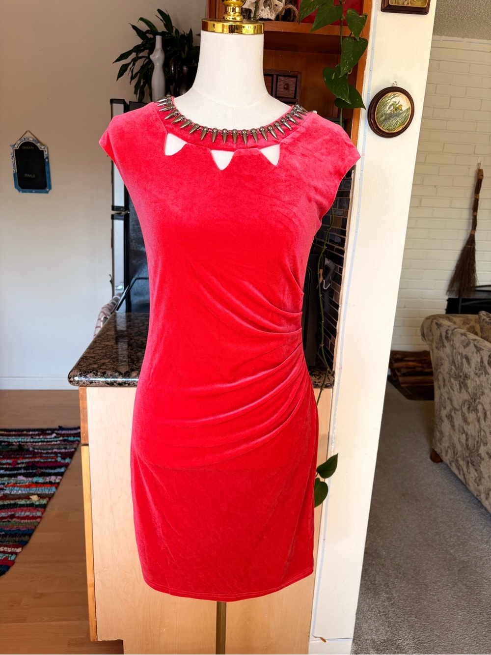 Vintage Hot Pink Velvet Cap-Sleeve Sheath Dress with Studded Neckline
